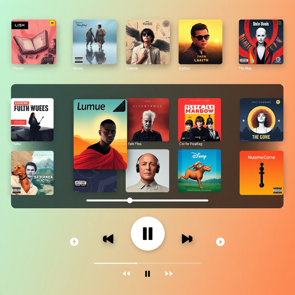 A digital music player interface displaying numerous album covers. The visual emphasizes the ease of browsing and selecting music. Use vibrant colors and a clean design. Style: UI/UX illustration. Technical Specs: 4K, Clean Vector design.