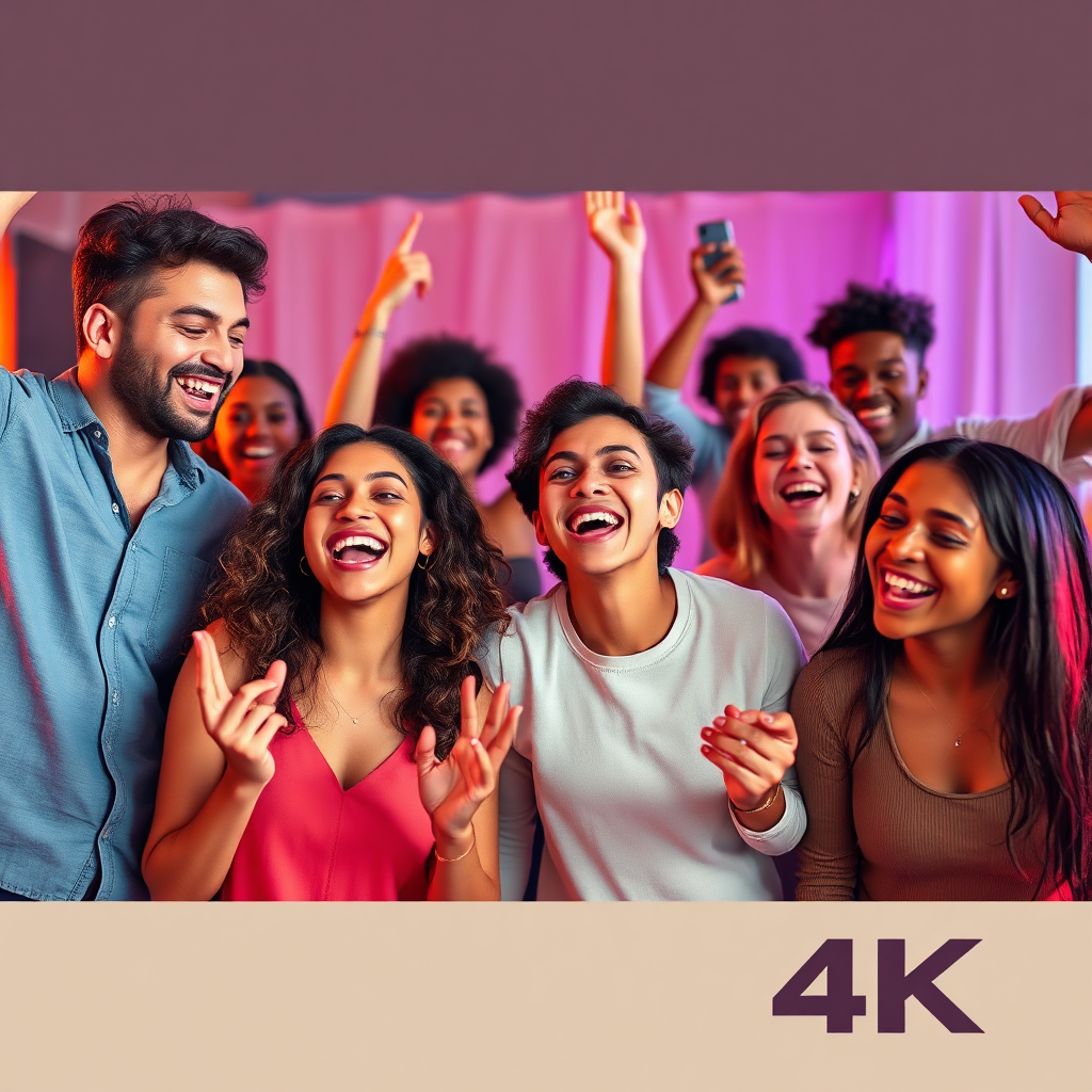 A diverse group of people enjoying music together in a virtual or physical setting. They are smiling, dancing, and interacting with each other. The lighting is warm and inviting. Color Palette: A mix of bright and pastel colors. Style: Modern lifestyle photography. Technical Specs: 4K Resolution.