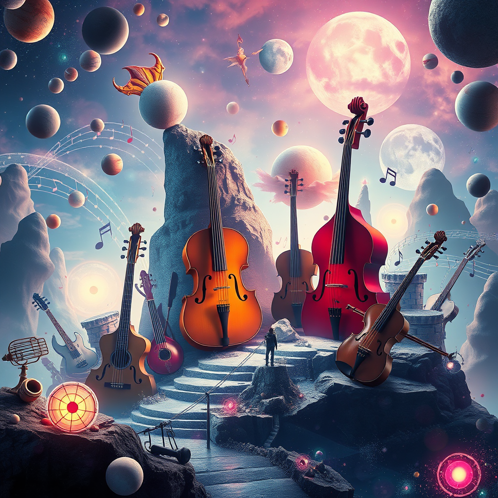 A fantastical landscape filled with musical instruments, notes, and abstract shapes, creating a sense of wonder and excitement. The lighting is magical and dreamlike. Color palette: A mix of vibrant and ethereal colors. Style: Surrealist art. Technical Specs: 4K Resolution.