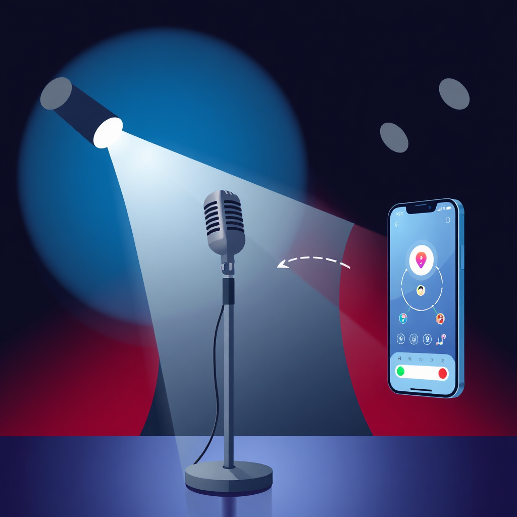 A graphic depicting a stylized stage with a spotlight shining on a microphone. Connect it visually to an app interface on a phone to represent the easy connection process. Style: Modern Digital Illustration. Technical Specs: 4K, vector art.