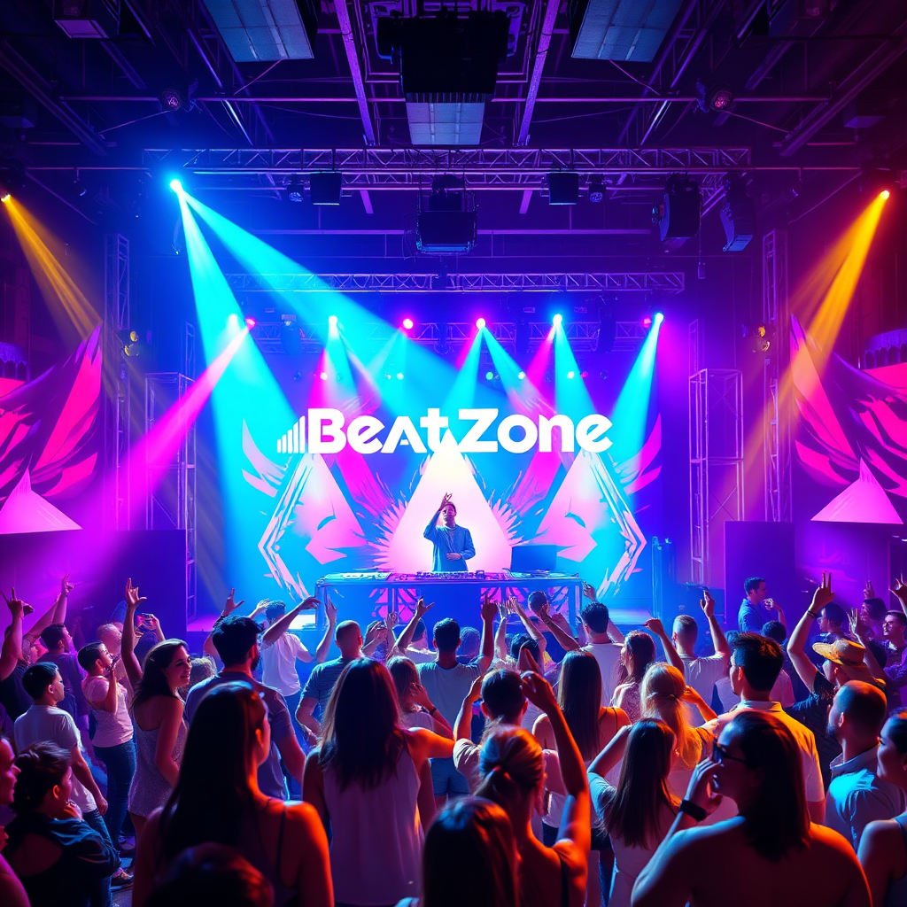 A photorealistic, ultra-high-quality header image showcasing the vibrant energy of BeatzoneMusic. The central subject is a diverse group of people joyfully dancing and interacting within a stylized, futuristic music festival environment. The composition should be dynamic, with the dancers arranged in a way that leads the eye towards a stage where a DJ is performing, bathed in colorful, swirling lights. The lighting should be energetic, with a mix of spotlights, neon glows, and subtle ambient illumination, capturing the excitement of a live music event. The color palette should be bright and bold, incorporating shades of electric blue, vibrant pink, sunny yellow, and deep purple to create a sense of fun and celebration. Use a wide-angle camera to capture the breadth of the scene, emphasizing the immersive experience. Texture details should include the sheen of the stage lights, the movement of the crowd, and the intricate designs of the DJ's equipment. Style references include elements of modern music festival promotional materials and futuristic design aesthetics. Technical specs: 8K resolution, hyperrealistic rendering.