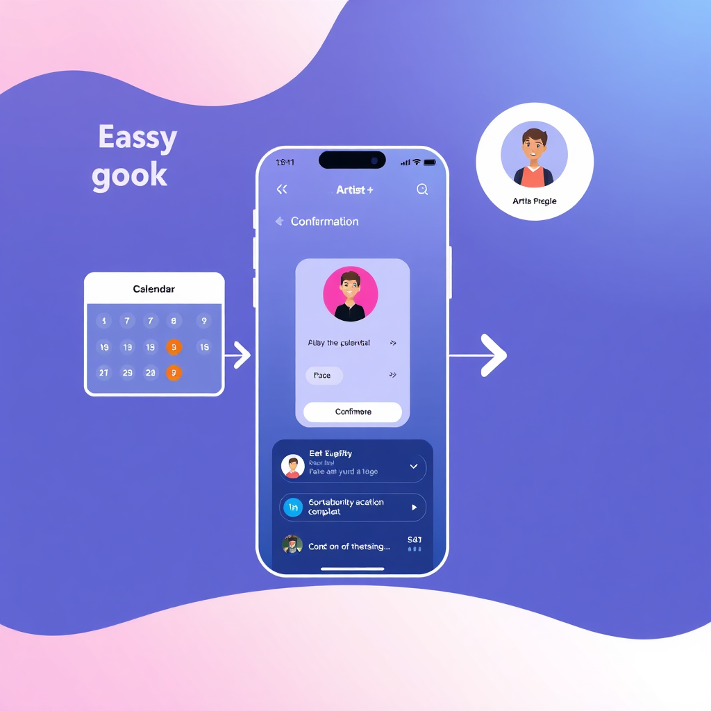 A simplified graphic illustration of a mobile app interface displaying an easy booking process. Elements include a calendar, artist profile, and confirmation screen. The color scheme is light and airy. Style: Clean and modern UI design. Technical specs: 4K resolution.