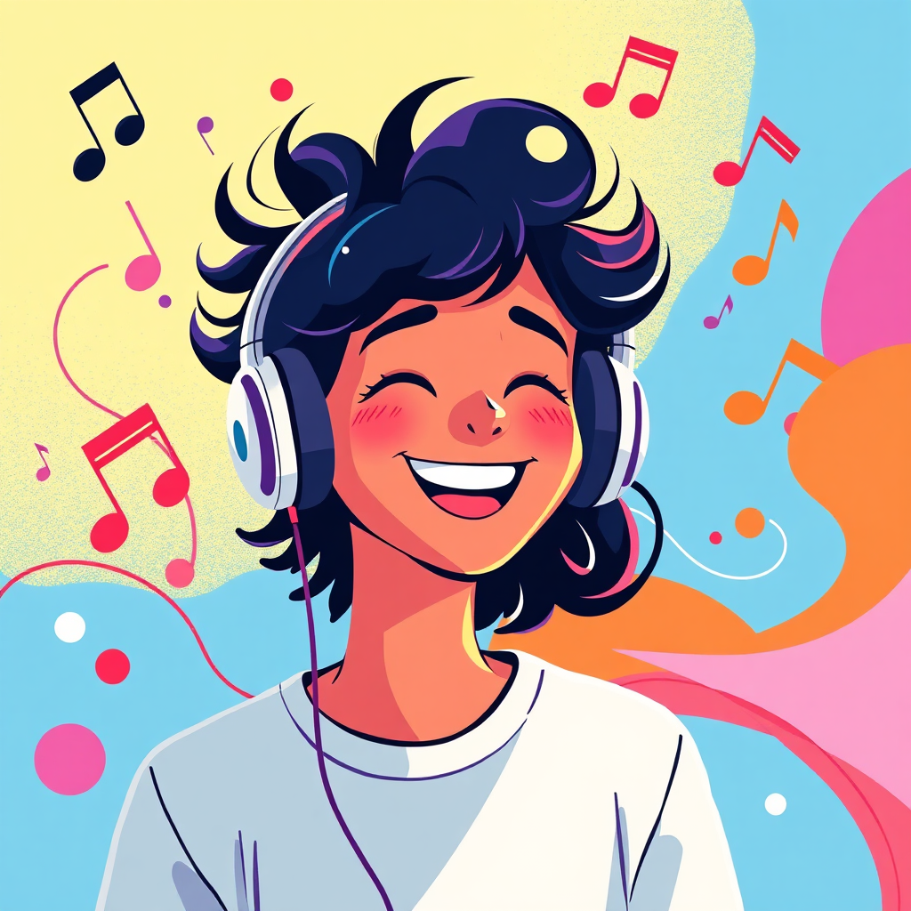 A vibrant and colorful scene depicting a person happily listening to music with headphones. Abstract shapes and musical notes swirl around them, representing the joy of music discovery. The lighting is bright and cheerful. Color palette: A mix of vibrant primary and secondary colors. Style: Stylized illustration. Technical specs: 4K resolution.