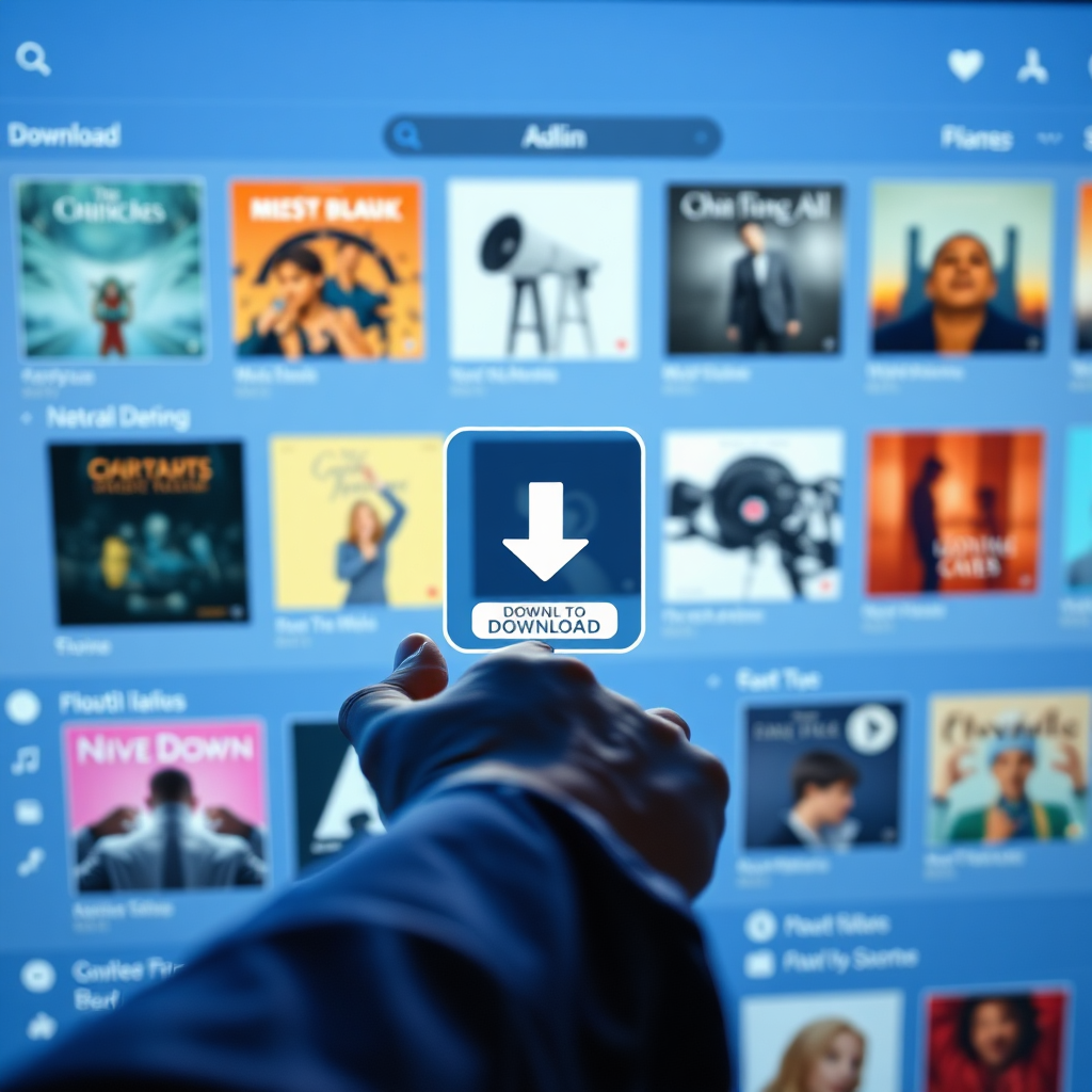 A visually appealing representation of music downloading. The scene shows a sleek, modern interface with various album covers displayed. A hand is reaching out to tap a 'download' icon. Lighting should be soft and inviting, highlighting the ease of use. Color palette: predominantly blue and white with accent colors drawn from album art. Style: Clean, modern UI/UX design. Technical specs: 4K, photorealistic.