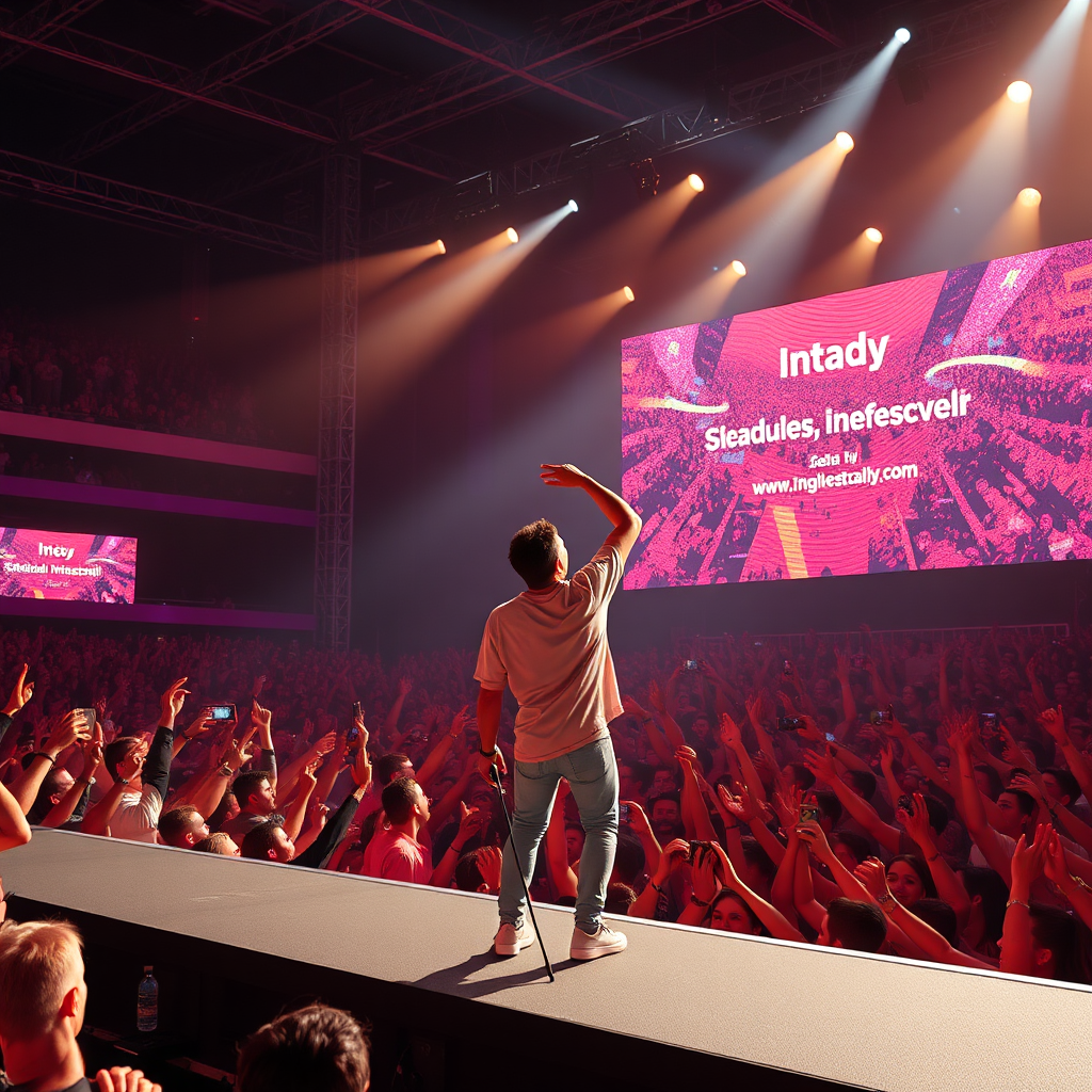 An artist is depicted performing on a stage with a large crowd cheering in the background. Digital screens display their name and social media handles. Lighting is vibrant and energetic. Style: Concert photography, hyperrealistic rendering. Technical Specs: 4K, photorealistic.