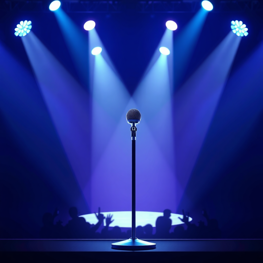  An image showing a stylized stage with a spotlight shining on a microphone. In the background, silhouettes of cheering fans are visible. The lighting is dramatic and energetic, with a focus on the stage and the microphone. Color palette: Deep blues and purples with bright highlights. Style: Concert photography with a touch of digital enhancement. Technical specs: 4K, photorealistic with stylized lighting effects.