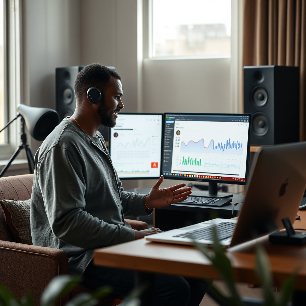 An image that depicts an artist using BeatzoneMusic's platform to manage their bookings, promote their music, and connect with fans. The setting should be a modern home studio. The lighting should be natural and encouraging. Color palette: Soft and professional. Style: Modern, showcasing user-friendliness. Technical Specs: 4k Resolution.