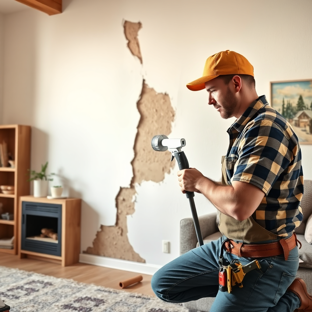 Create a photorealistic image of a handyman repairing a damaged drywall section in a living room. Focus on the process of patching and smoothing the drywall, highlighting the handyman's skill and attention to detail. The lighting should be bright and focused on the repair area.