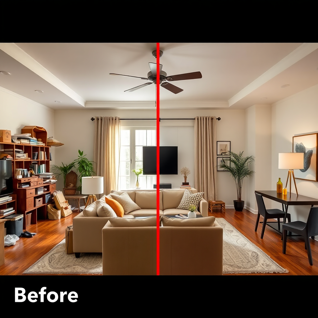 Create a photorealistic image showcasing a before-and-after transformation of a living room. The 'before' side shows a cluttered, outdated space, while the 'after' side features a clean, modern, and refreshed room. The dividing line should be clear, emphasizing the impact of handyman services. Focus on the contrast in lighting, color palettes, and furniture styles to highlight the transformation.