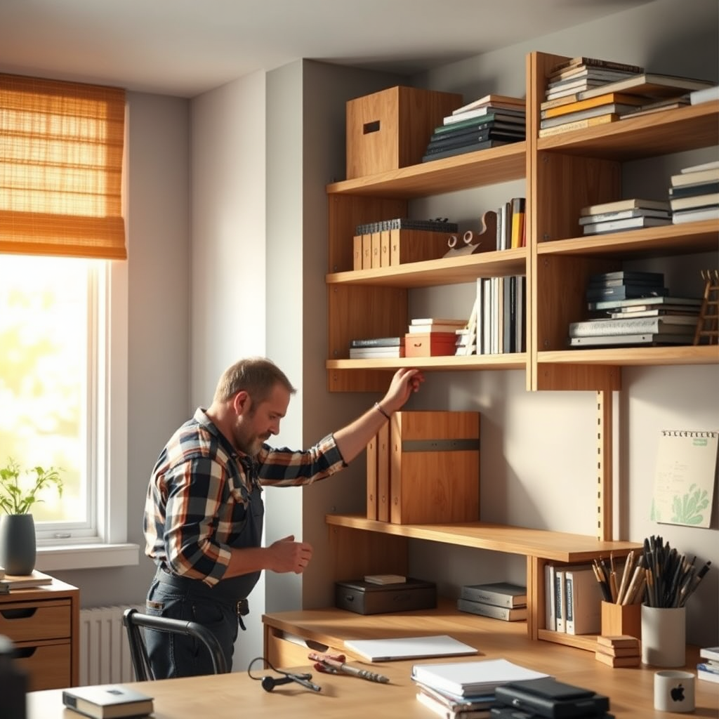 Create a photorealistic image of a handyman installing custom shelving in a home office. Focus on the craftsmanship and attention to detail involved in the process, highlighting the beauty and functionality of the shelving. The lighting should be warm and inviting, creating a sense of productivity and organization.