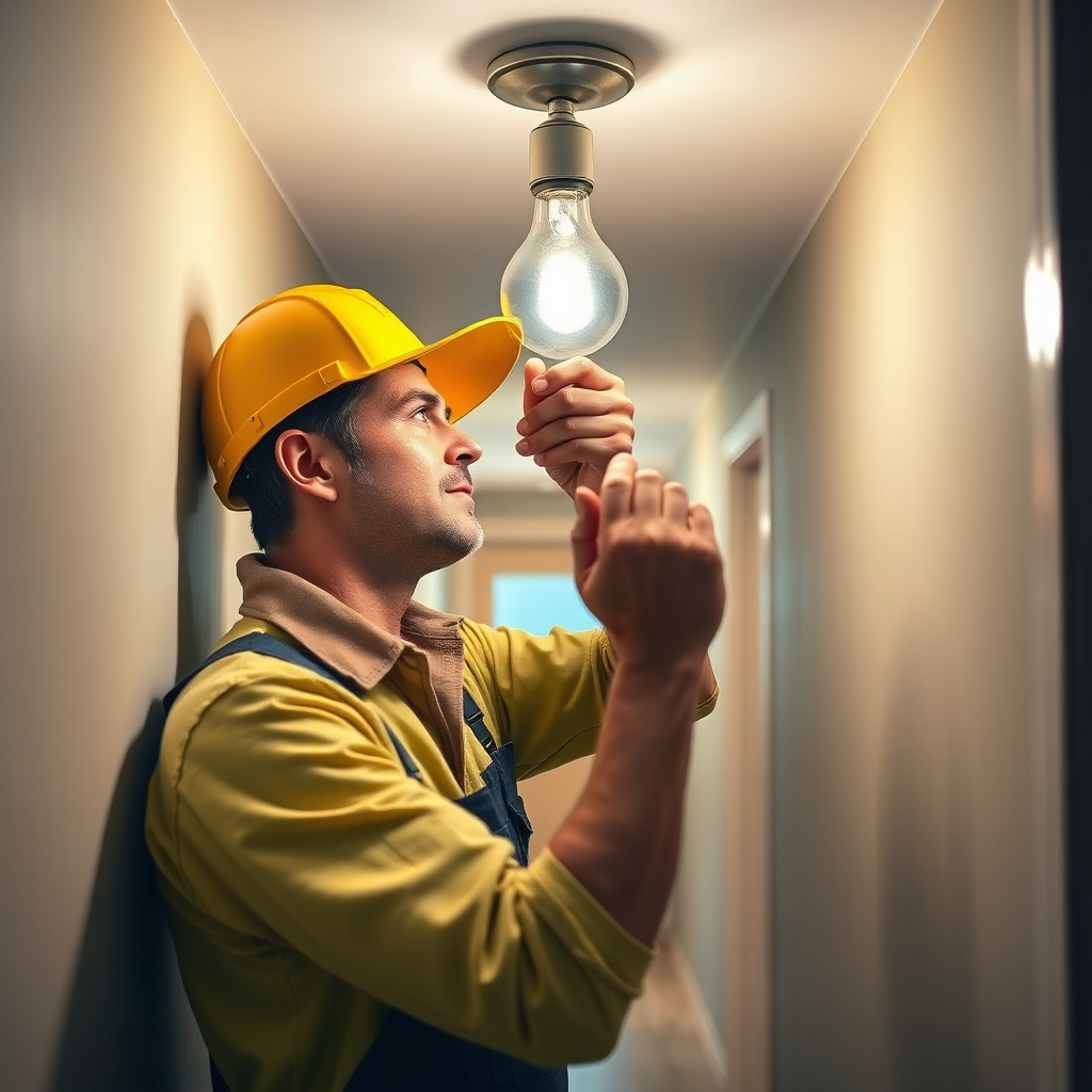 Create a photorealistic image showcasing a handyman efficiently replacing a lightbulb in a hallway. The focus should be on the speed and efficiency of the repair, highlighting the handyman's professionalism and attention to detail. The lighting should be bright and focused on the light fixture.