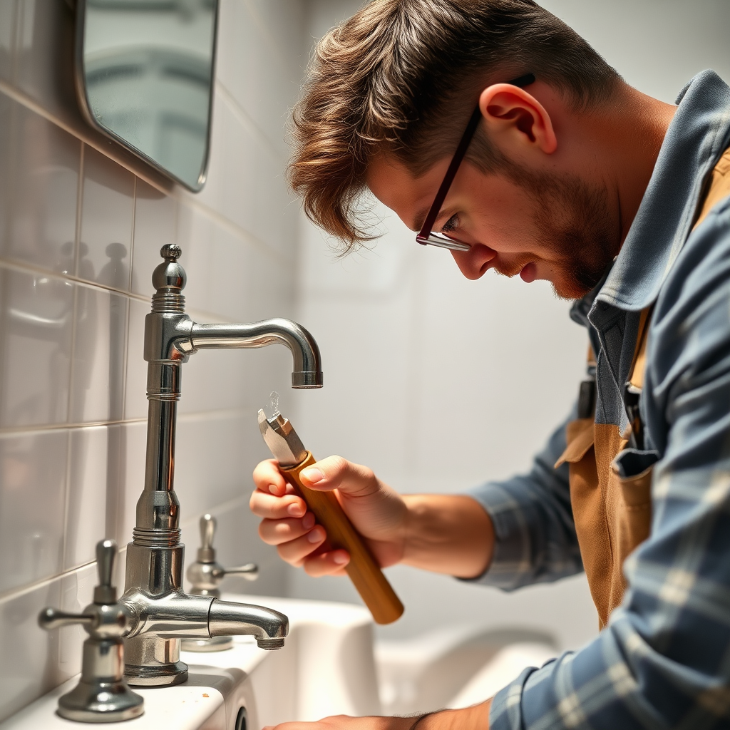 Create a photorealistic image showcasing a handyman repairing a leaky faucet in a bathroom. Focus on the details of the repair process, highlighting the tools and techniques used to fix the problem. The lighting should be bright and focused on the faucet and the surrounding area.