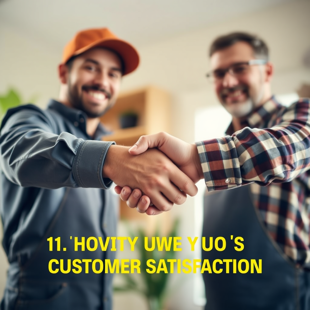 Create a stylized image depicting a handshake between a handyman and a homeowner, symbolizing a commitment to quality and customer satisfaction. The background should be blurred, focusing on the handshake and the positive expressions of both individuals. The lighting should be warm and inviting, creating a sense of trust and reliability.