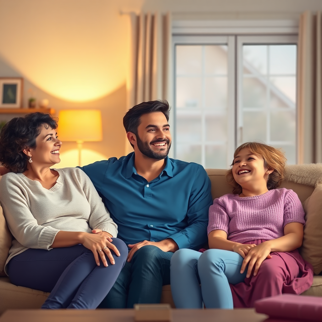 Create a stylized image depicting a family relaxing in their living room, feeling safe and secure in their well-maintained home. The lighting should be soft and warm, creating a sense of comfort and security. The focus should be on the family's happy expressions and the overall feeling of peace of mind.