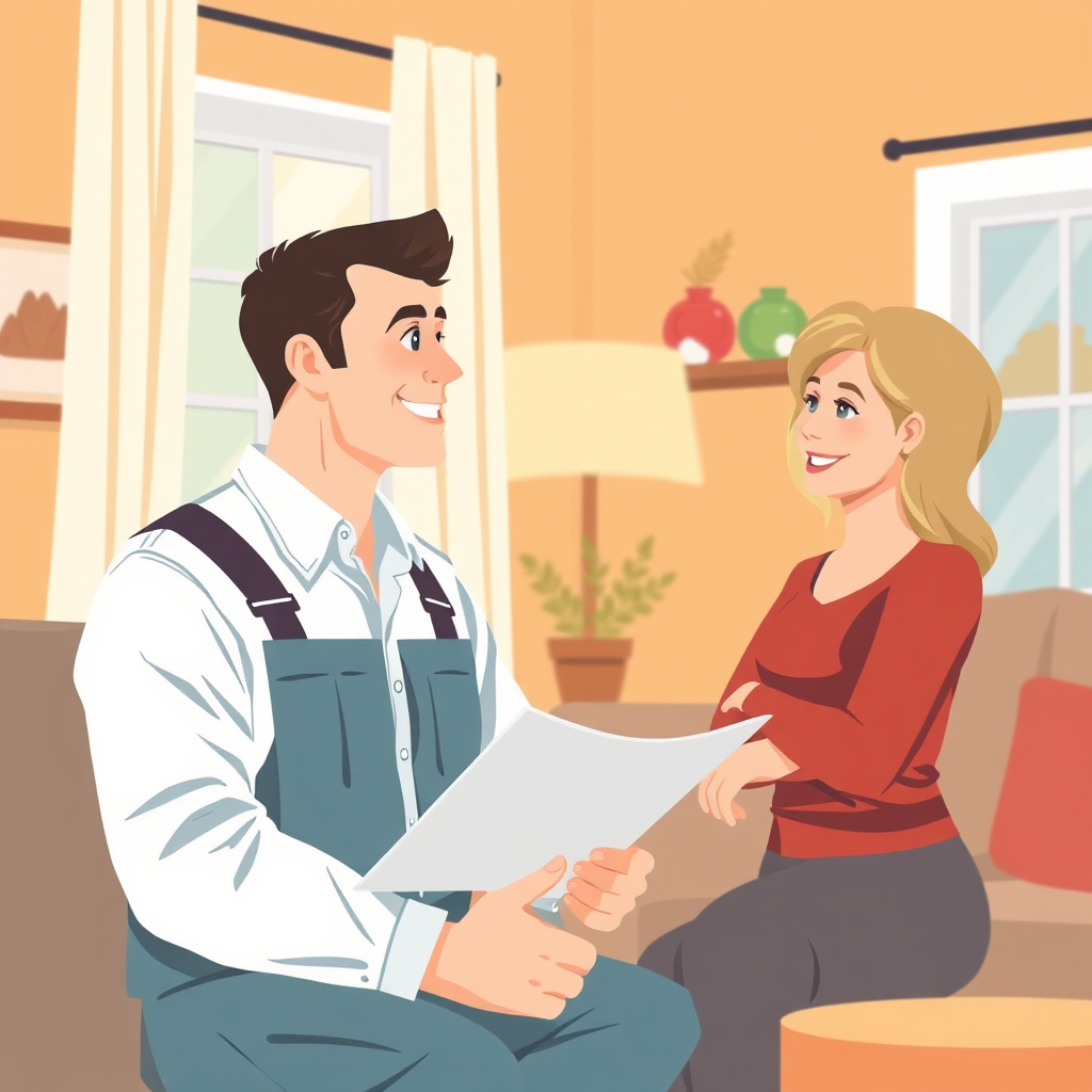 Create a stylized image depicting a handyman consulting with a homeowner in their living room. The scene should convey a sense of collaboration and personalized service. The handyman should be listening attentively and offering suggestions, while the homeowner is smiling and engaged in the conversation. Use warm colors and soft lighting to create a welcoming and collaborative atmosphere.