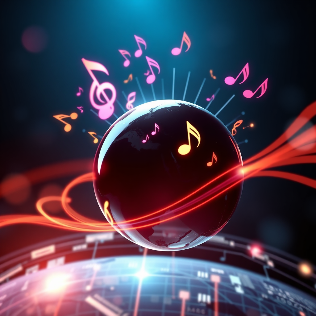 Create an image depicting musical notes spreading across a digital globe, symbolizing the reach of effective marketing. Use vibrant colors and dynamic lines to convey movement and energy. The style should be modern and visually appealing. Technical specs: 4K resolution, high quality.