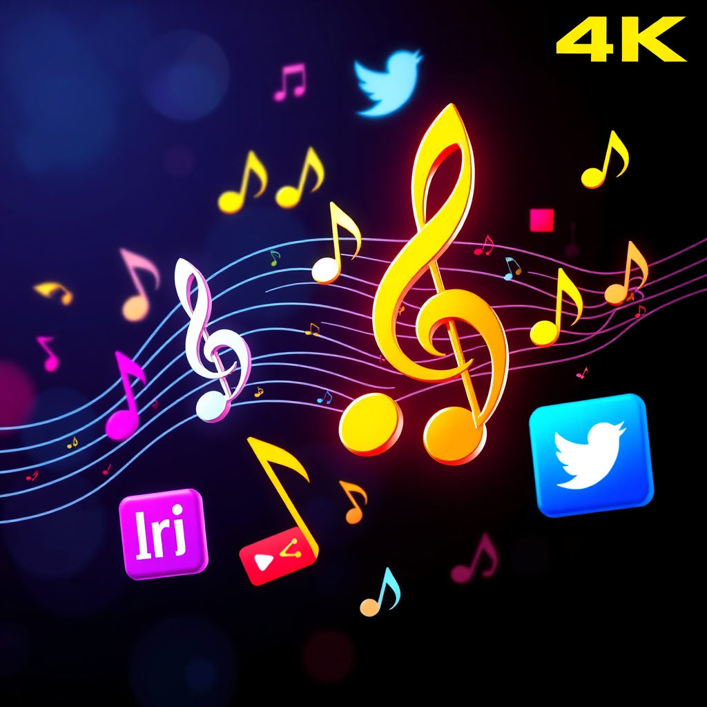 Create an image depicting musical notes spreading across various media channels (social media, blogs, online radios). Use bright colors and dynamic compositions to showcase visibility. Technical specs: 4K resolution, high quality.