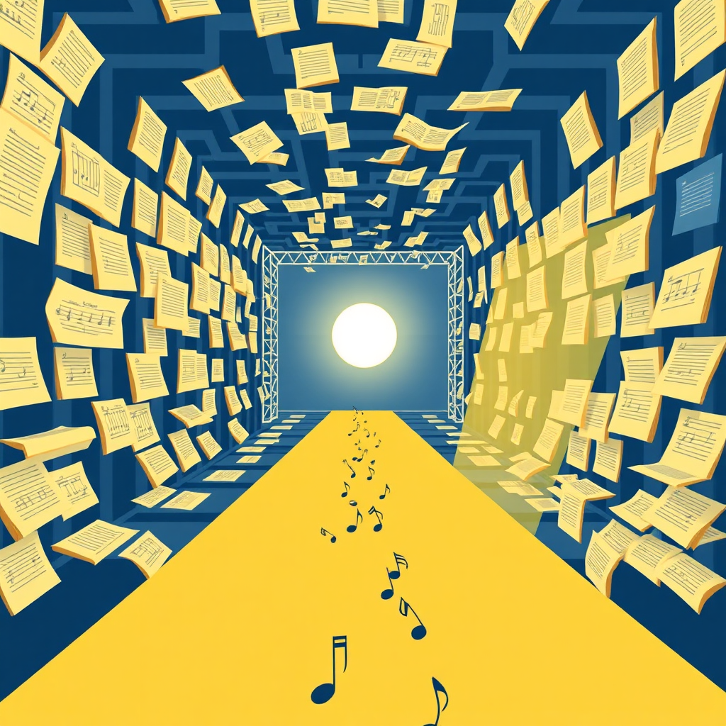  Create an image representing a labyrinth of legal documents transforming into a clear, straight path with musical notes. The path leads towards a sunlit stage. The style is clean and illustrative. Use a color palette of deep blues for the labyrinth and bright yellows for the path and stage. Technical specs: 4K resolution, high quality.