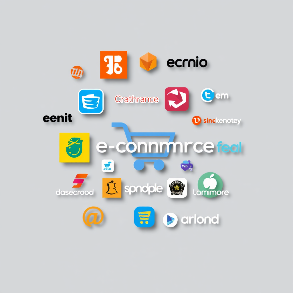 Create an image showcasing a variety of e-commerce platform logos arranged in a visually appealing collage. Use a clean, modern style with bold colors and sharp lines. The background should be a neutral grey. Technical specs: 4K resolution, high quality.