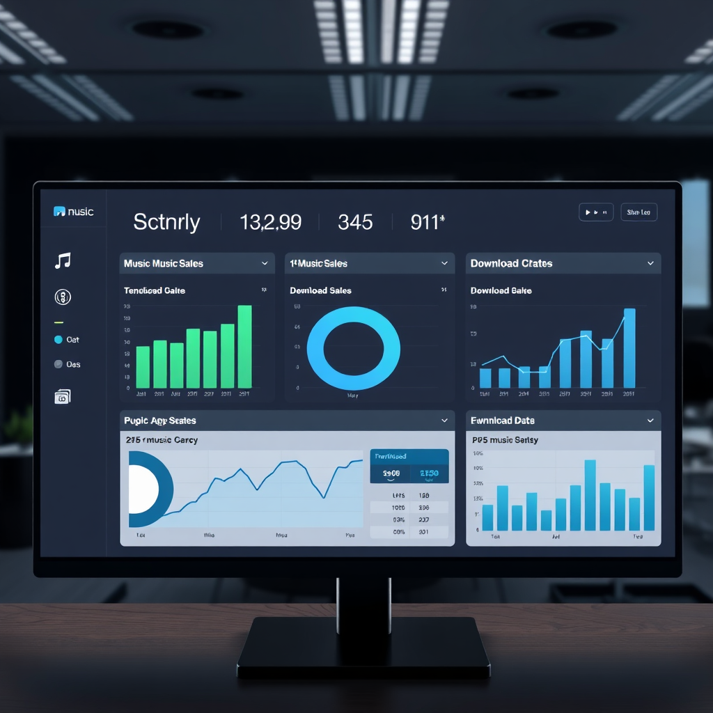Depict a dashboard displaying charts and graphs that visualize music sales and download data. Use a clean and professional style with a color palette of blues, greens, and greys. The background should be a dark, modern office. Technical specs: 4K resolution, high quality.