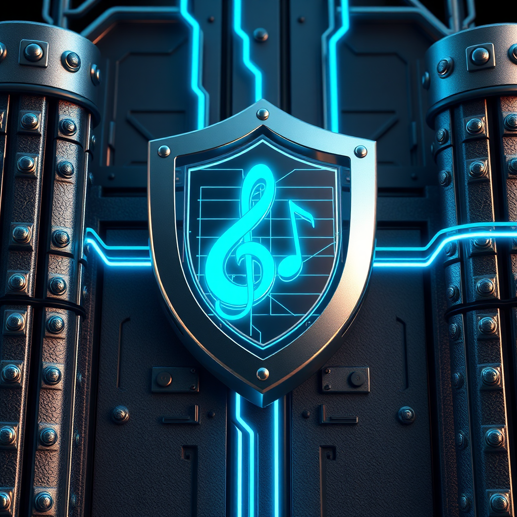  Depict a digital fortress safeguarding musical notes from malicious digital threats. Use metallic textures and glowing neon lines to emphasize security. The color palette should be dominated by silver, grey, and electric blue. The camera angle should be a slightly low-angle shot, conveying strength and impenetrability. Technical specs: 4K resolution, high quality.