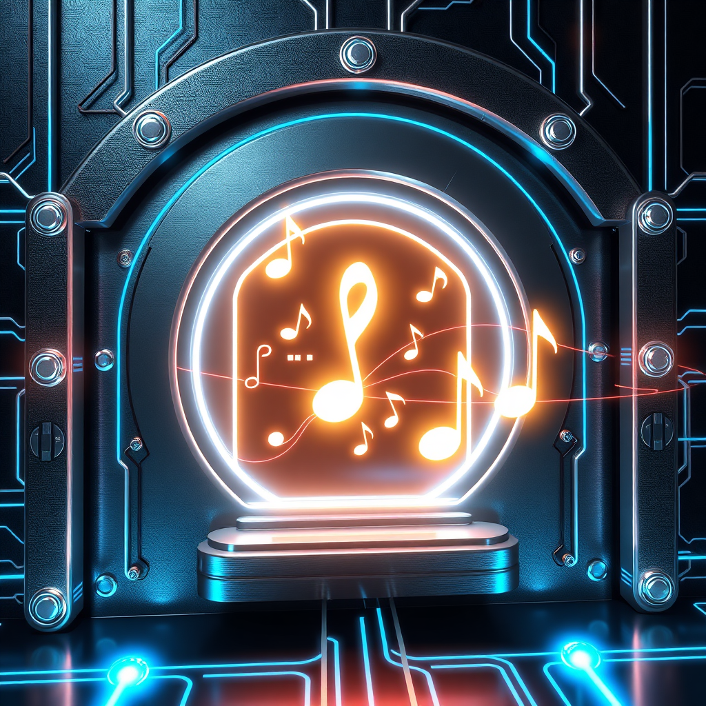 Depict a secure digital gateway with musical notes flowing through it, representing safe and efficient payment processing. Use metallic textures and glowing neon lines to emphasize security. The color palette should be dominated by silver, grey, and electric blue. Technical specs: 4K resolution, high quality.