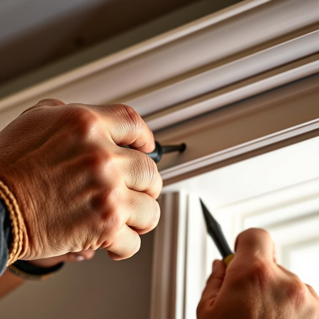 Generate a photorealistic close-up image of a handyman's hands meticulously installing crown molding. Focus on the precision and skill involved in the process, highlighting the textures of the wood and the tools used. The lighting should be focused on the hands and the molding, creating a sense of expertise and craftsmanship.