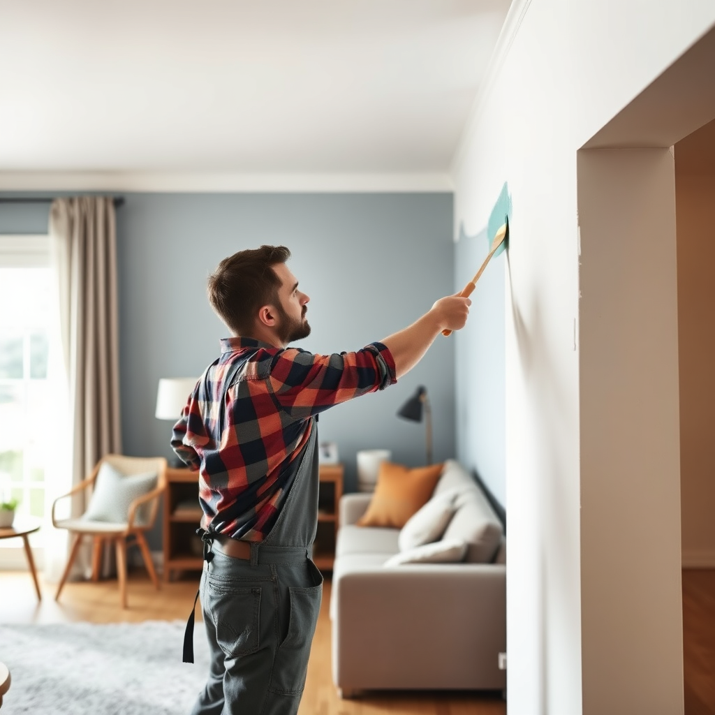 Generate an image depicting a handyman painting a wall in a living room with a smooth, even stroke. Focus on the texture of the paint and the precision of the application, highlighting the handyman's expertise. The lighting should be soft and diffused, creating a sense of calm and beauty.