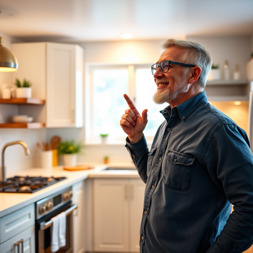 Generate an image depicting a homeowner admiring their newly renovated kitchen, with a satisfied and happy expression. The kitchen should be modern, stylish, and functional, showcasing the positive impact of handyman and renovation services. The lighting should be warm and inviting, creating a sense of pride and accomplishment.