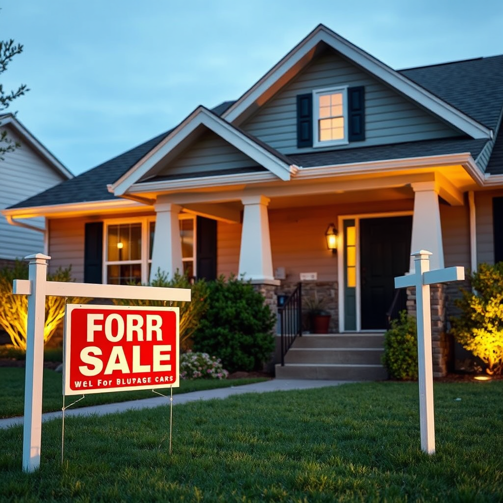 Generate an image showing the exterior of a well-maintained home with a 'For Sale' sign in the yard. The home should look appealing and well-cared for, showcasing the positive impact of handyman services on curb appeal. The lighting should be warm and inviting, creating a sense of homeyness and value.