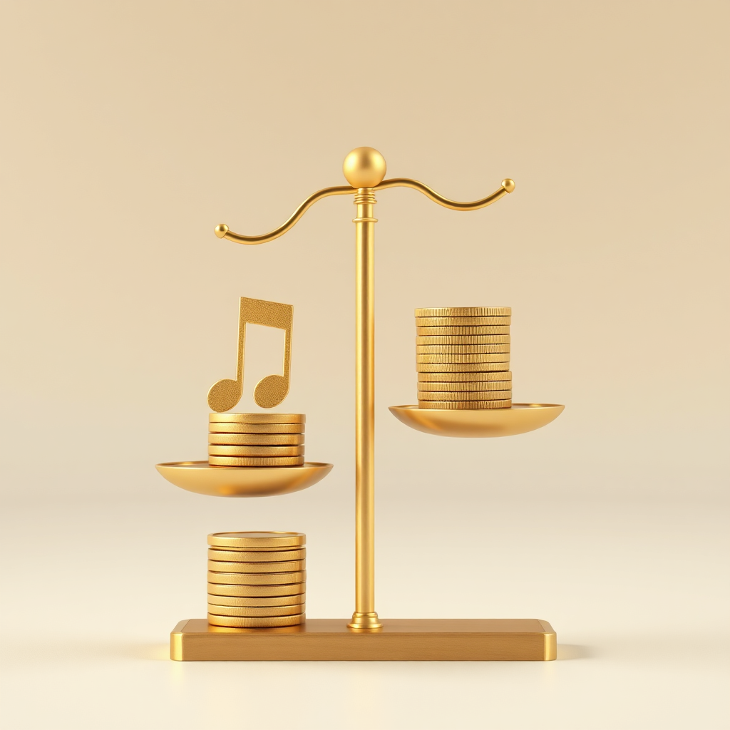Visualize a balancing scale with a musical note on one side and a stack of coins on the other. The scale should be perfectly balanced, representing the ideal price point. Use a warm, inviting color palette with gold and earth tones. Technical specs: 4K resolution, high quality.
