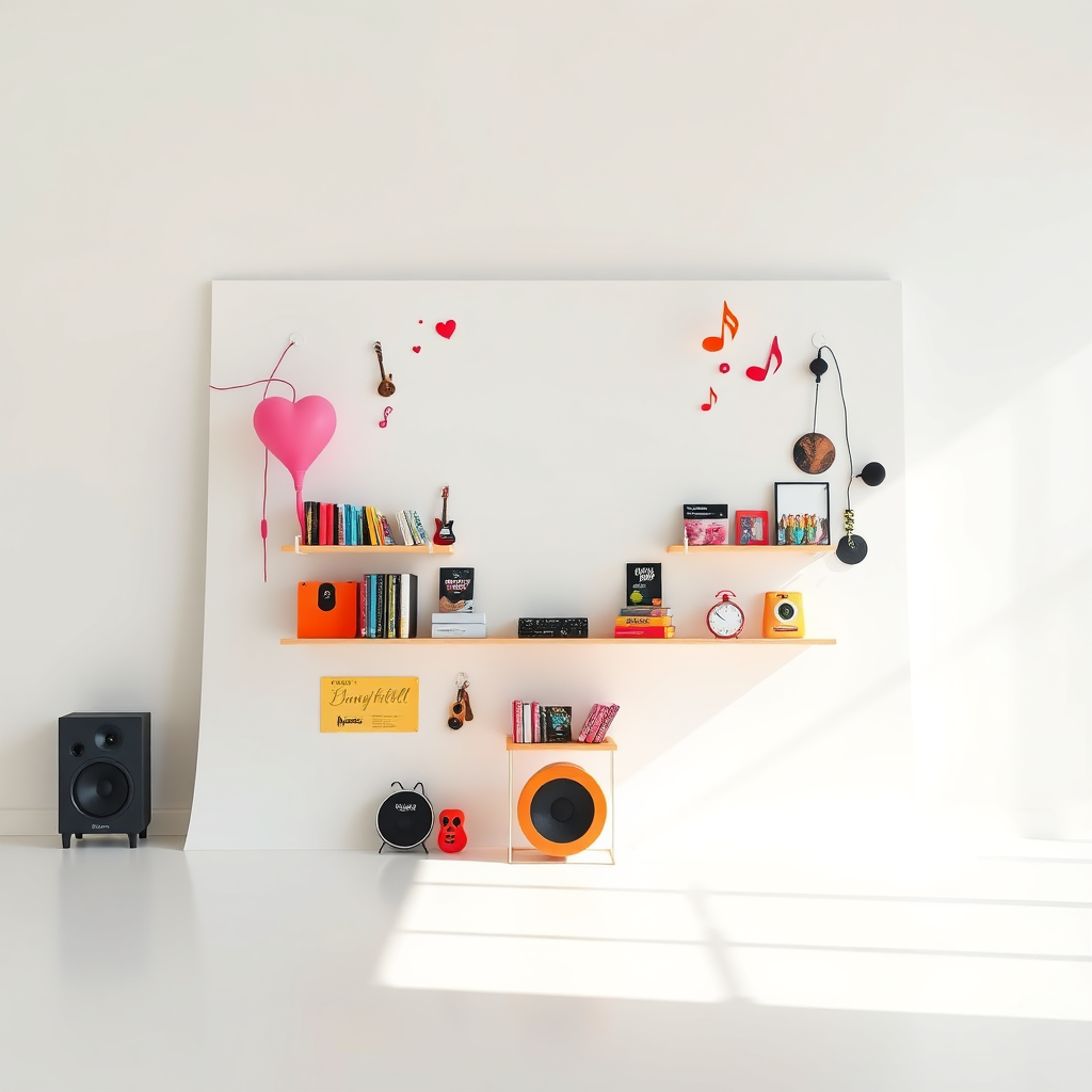 Visualize a blank canvas transforming into a vibrant and personalized online music store. Use a colorful and dynamic style with elements that represent creativity and individuality. The background should be a bright, airy space. Technical specs: 4K resolution, high quality.