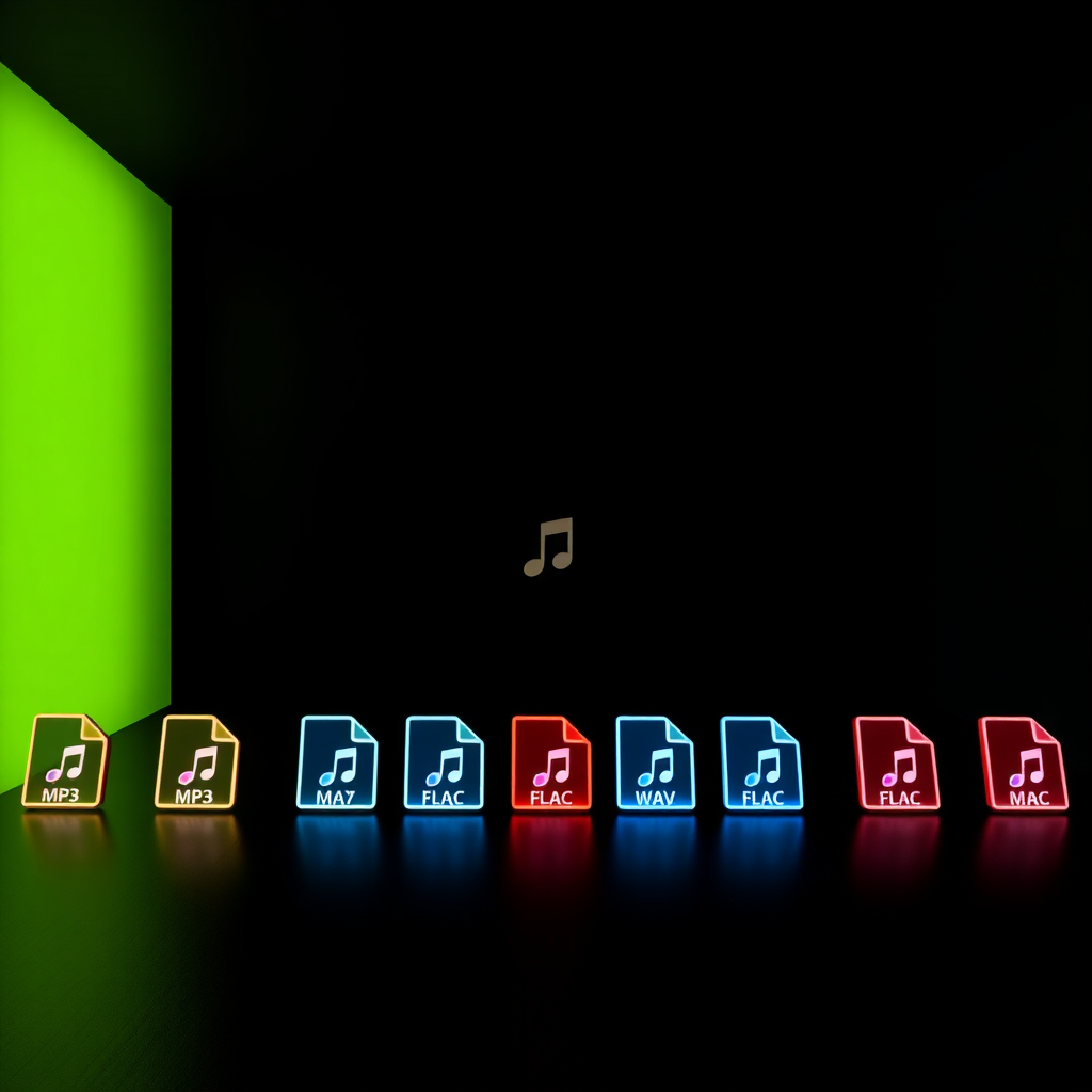  Visualize a collection of music file icons (MP3, WAV, FLAC) arranged in a spectrum, transitioning from low to high quality. Use subtle gradients and visual effects to represent the differences in audio fidelity. The background should be a dark, soundproofed room. Technical specs: 4K resolution, high quality.
