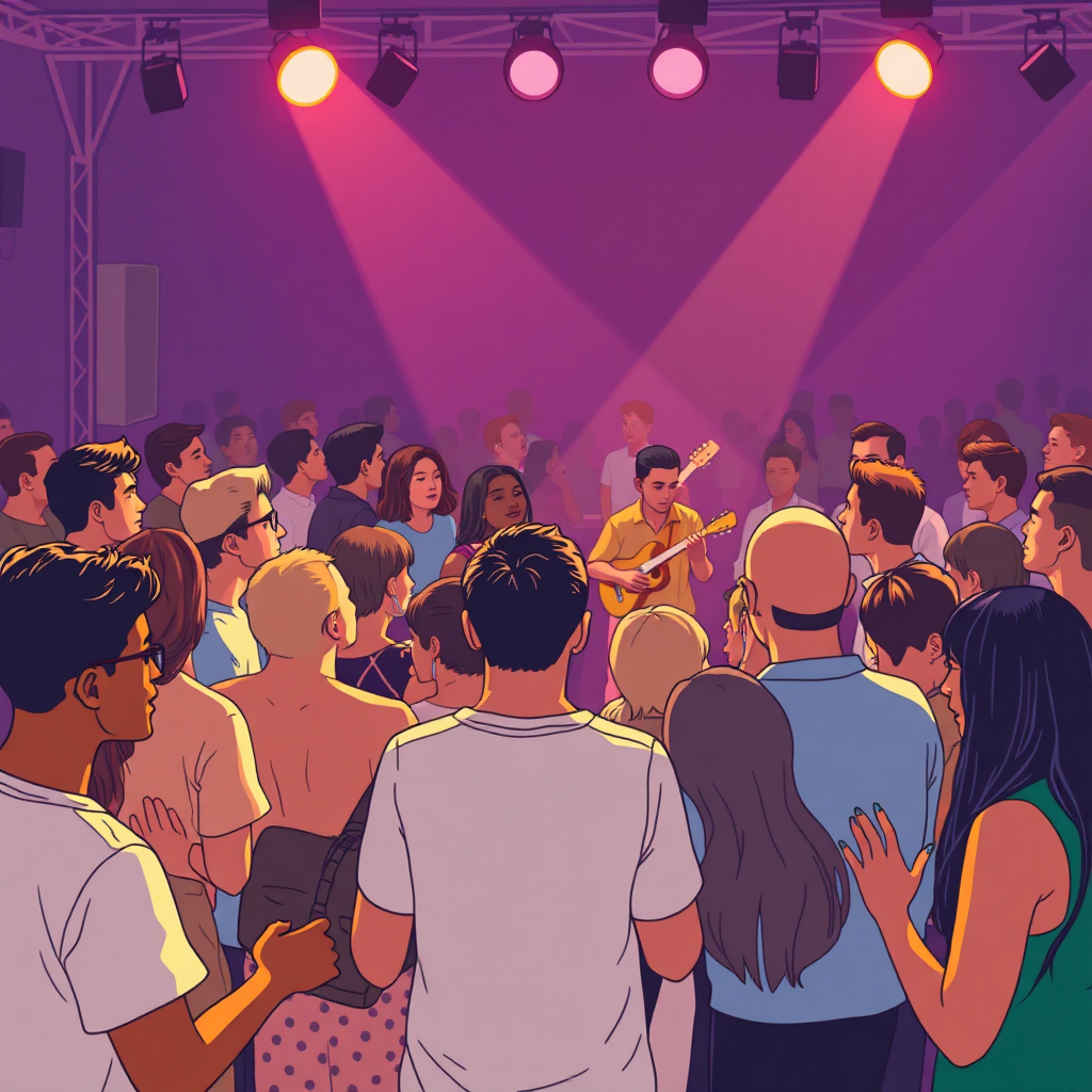 Visualize a group of diverse people gathered around a stage, listening to music and interacting with each other. The scene should be warm and inviting, with soft lighting and a focus on human connection. The color palette should be bright and cheerful. Technical specs: 4K resolution, high quality.