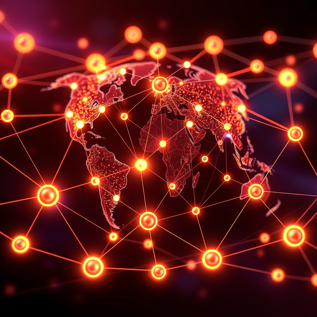 Visualize a network of interconnected nodes representing music distribution channels spreading across the globe. Use vibrant colors and dynamic lines to convey movement and reach. The style should be modern and visually appealing. Technical specs: 4K resolution, high quality.