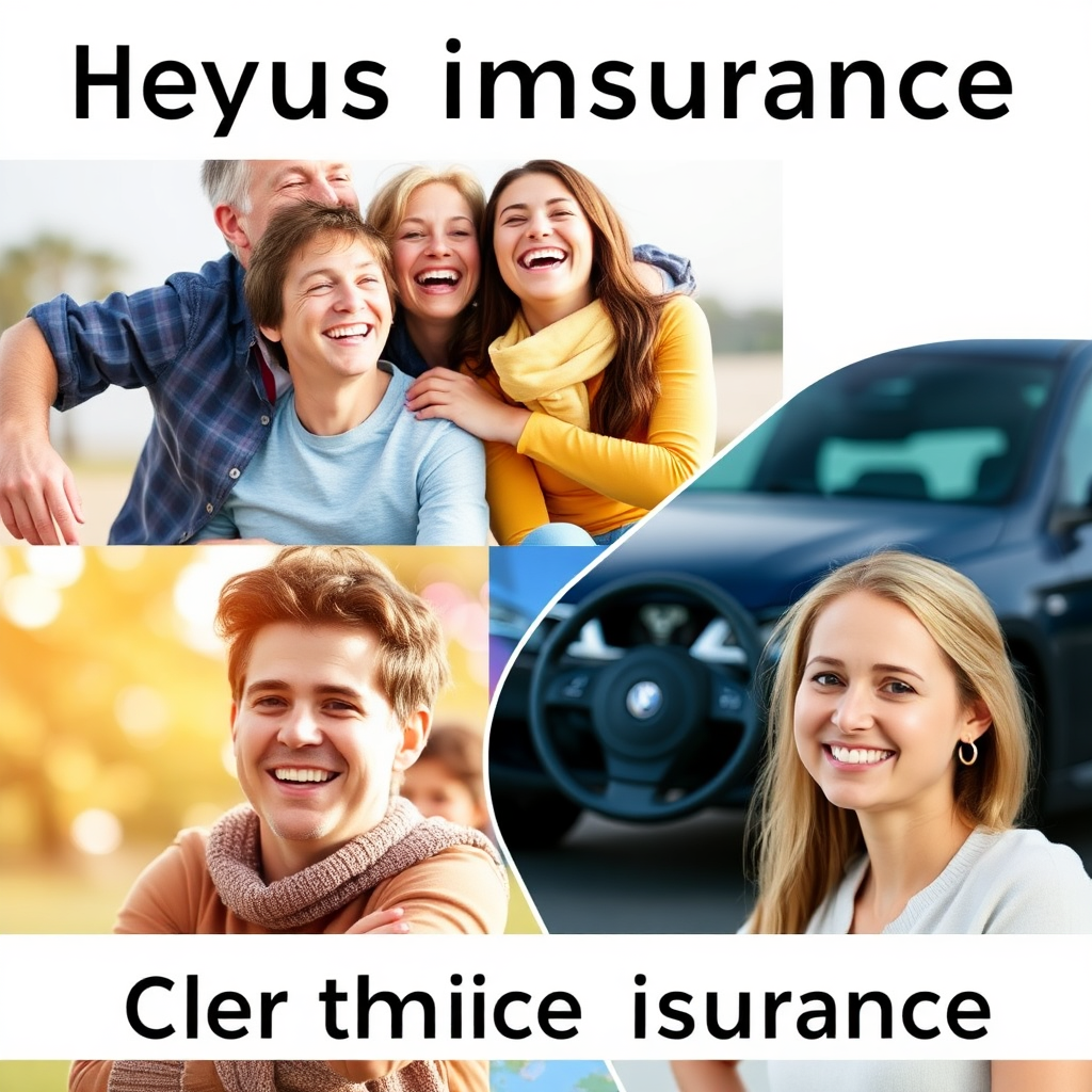 A collage of images representing different types of insurance: a family laughing together (life insurance), a safe car on the road (car insurance), and a person smiling confidently (health insurance). The collage should be visually appealing and convey security and well-being.