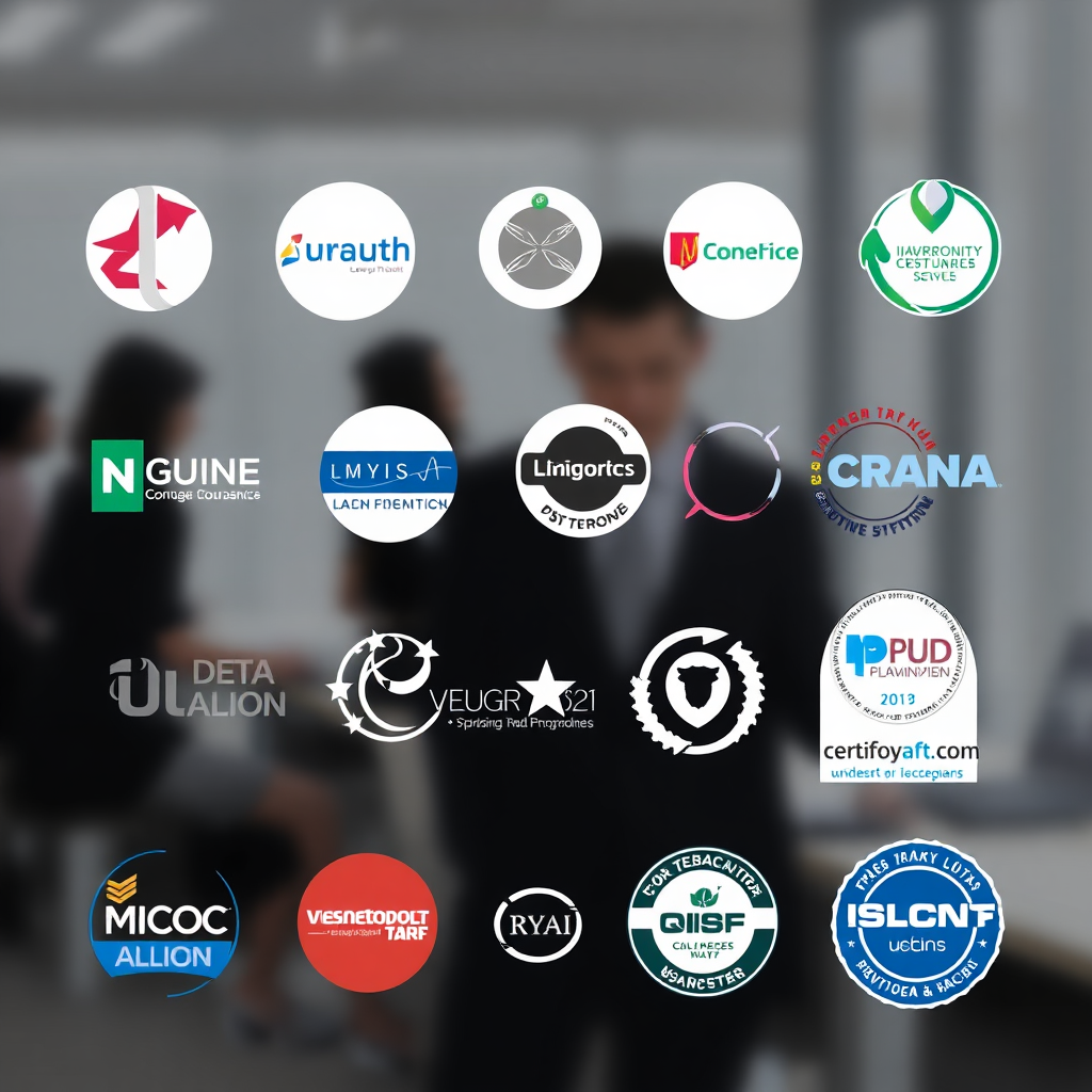 A collection of recognizable industry logos and certification badges, subtly arranged in a professional setting. The image should convey credibility and expertise, without being overly cluttered or promotional.