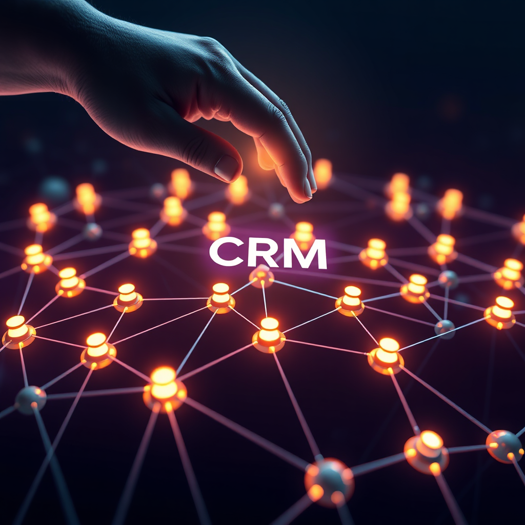 A digital representation of interconnected nodes forming a network, symbolizing a CRM system. Each node glows softly, representing a client connection. A hand hovers above the network, interacting with the data flow. Modern, tech-forward aesthetic. Cool, futuristic lighting. 4K resolution.