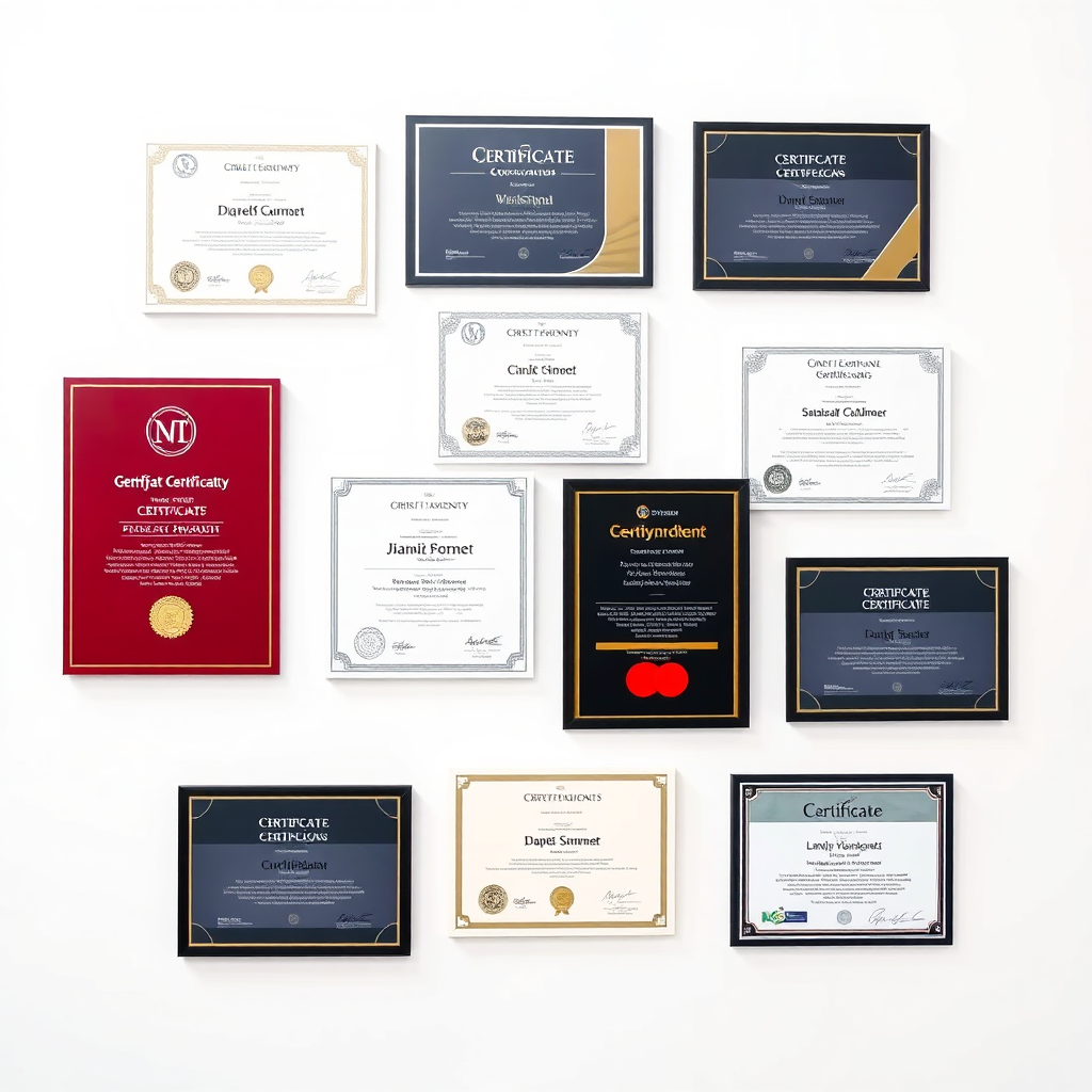 A display of professional certifications and awards in a modern, minimalist setting. Certificates should be subtly blurred to maintain privacy but still convey expertise. The overall design should be clean and trustworthy, with a focus on professionalism.
