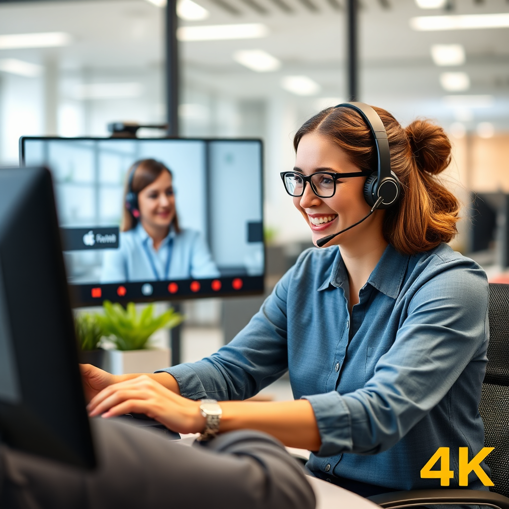 A friendly customer service representative assisting a client via video call. The interaction should convey warmth, empathy, and professionalism. The background features a modern office environment. 4K resolution.