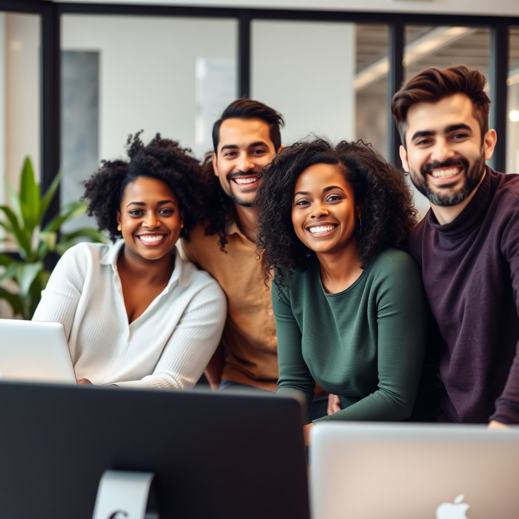 A group of diverse team members smiling and working together at the office. Happy and collaborative image. 4K resolution.