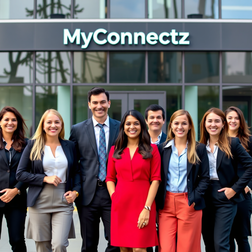 A group of smiling MyConnectz professionals in business attire, standing confidently in front of a modern office building. The image should convey competence and teamwork, with a focus on professionalism.