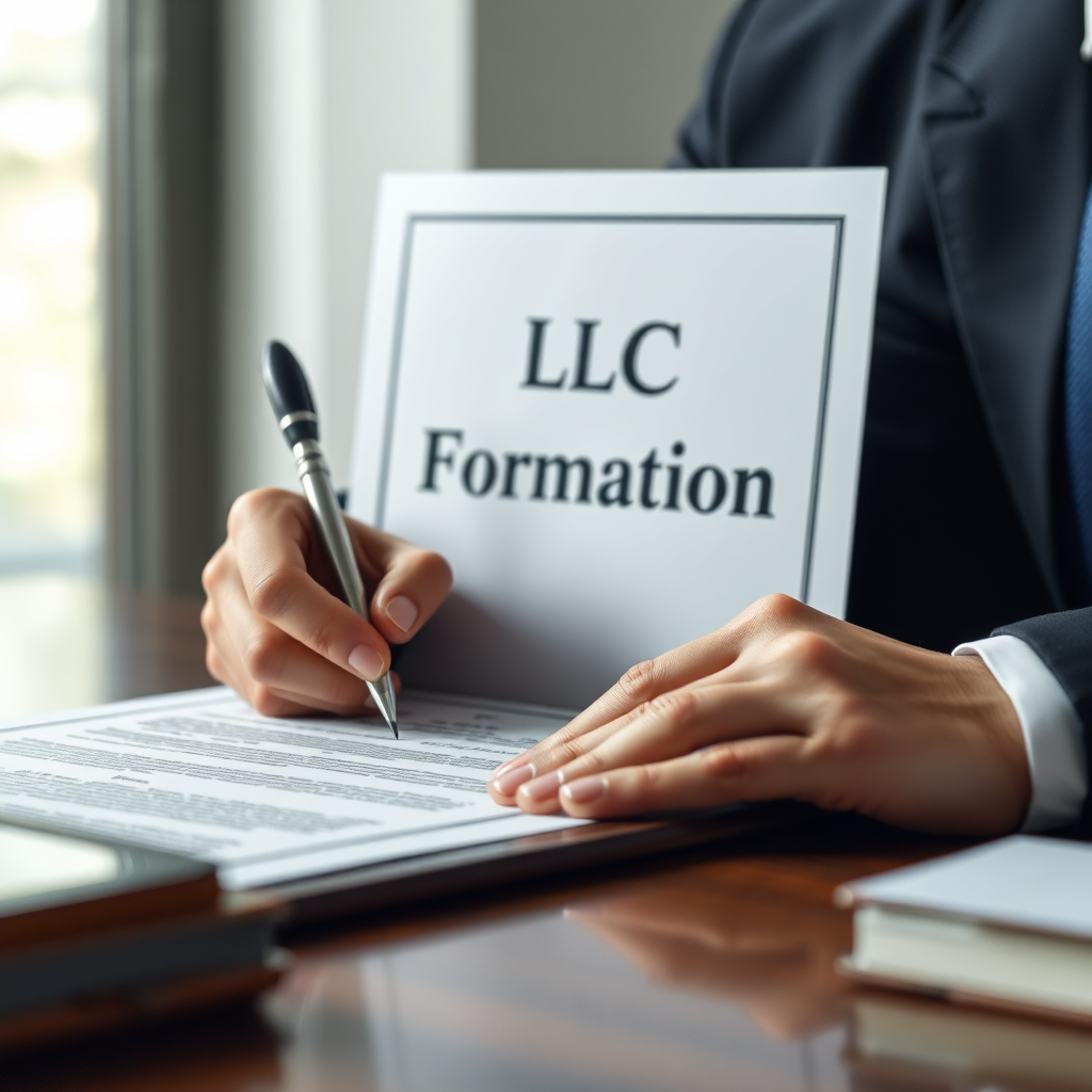 A legal document with the title 'LLC Formation' being signed by a professional. Expert and efficient image. 4K resolution.