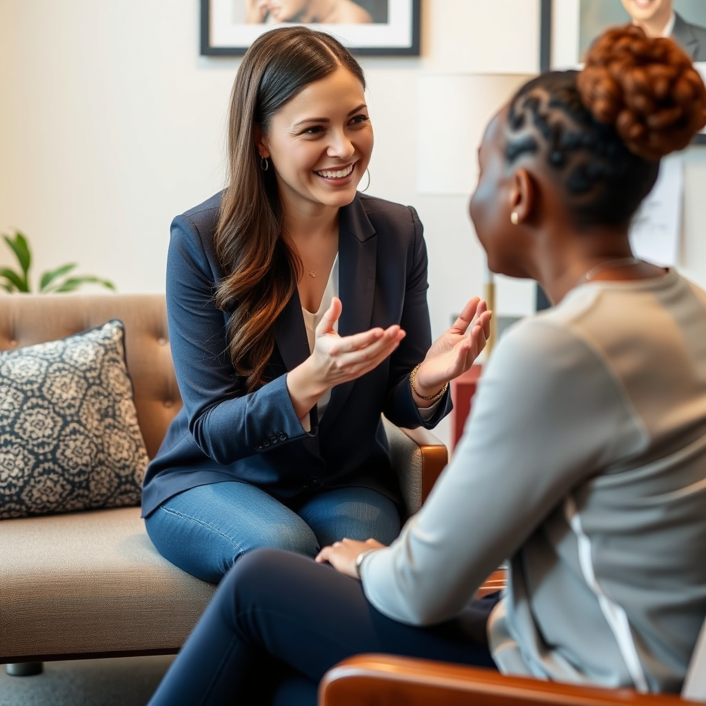 A MyConnectz professional providing personalized support to a client in a comfortable office setting. The image should convey empathy and attentive listening, with a focus on building strong client relationships.