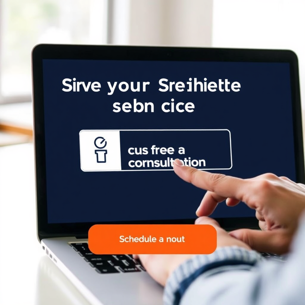 A person confidently clicking a 'Schedule a Free Consultation' button on a laptop screen, with a bright and inviting background. The image should convey ease of use and immediate action, emphasizing the simplicity of scheduling.