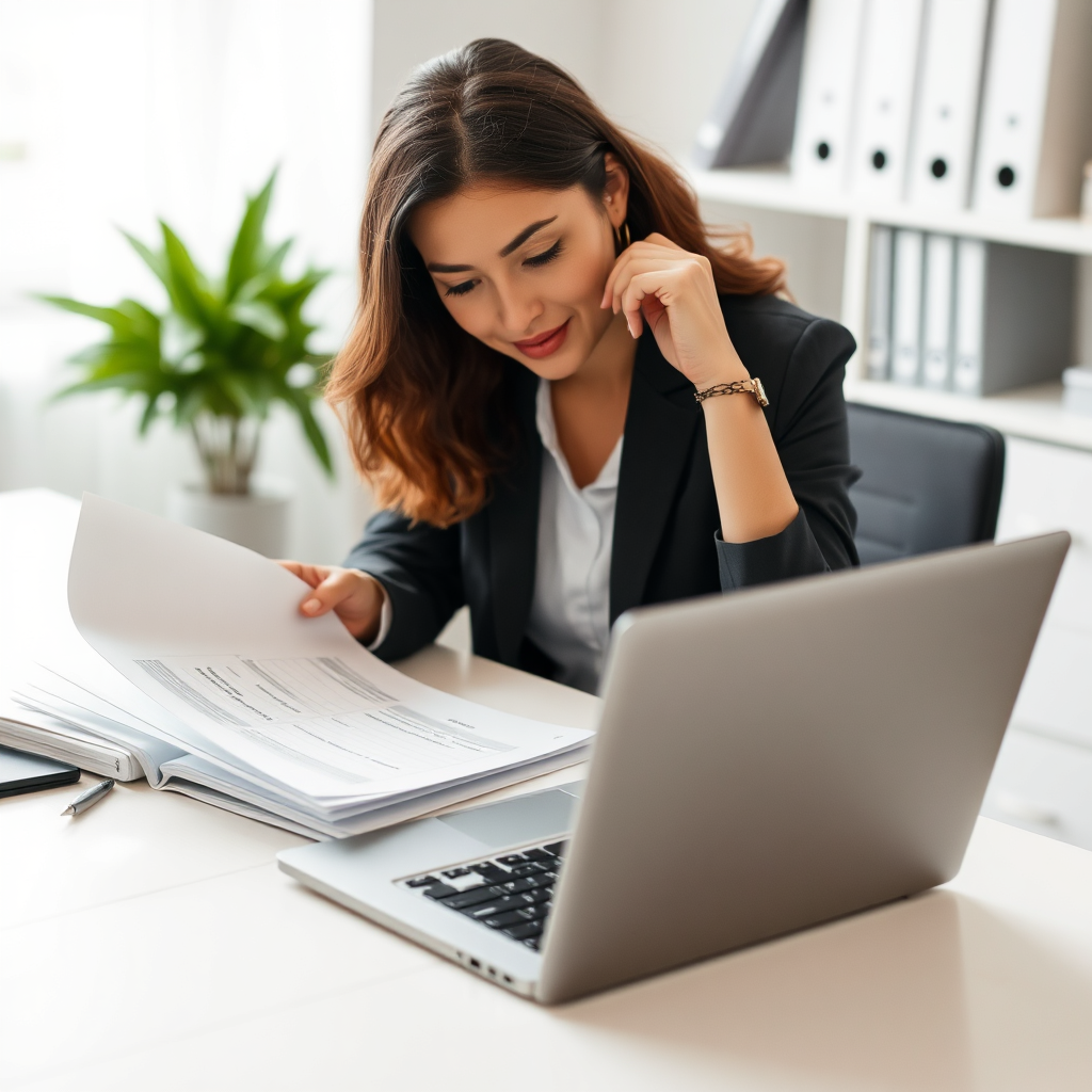 A person confidently organizing financial documents at a clean desk with a modern laptop displaying tax software. The image should convey efficiency and attention to detail. Soft lighting and a professional setting are essential.