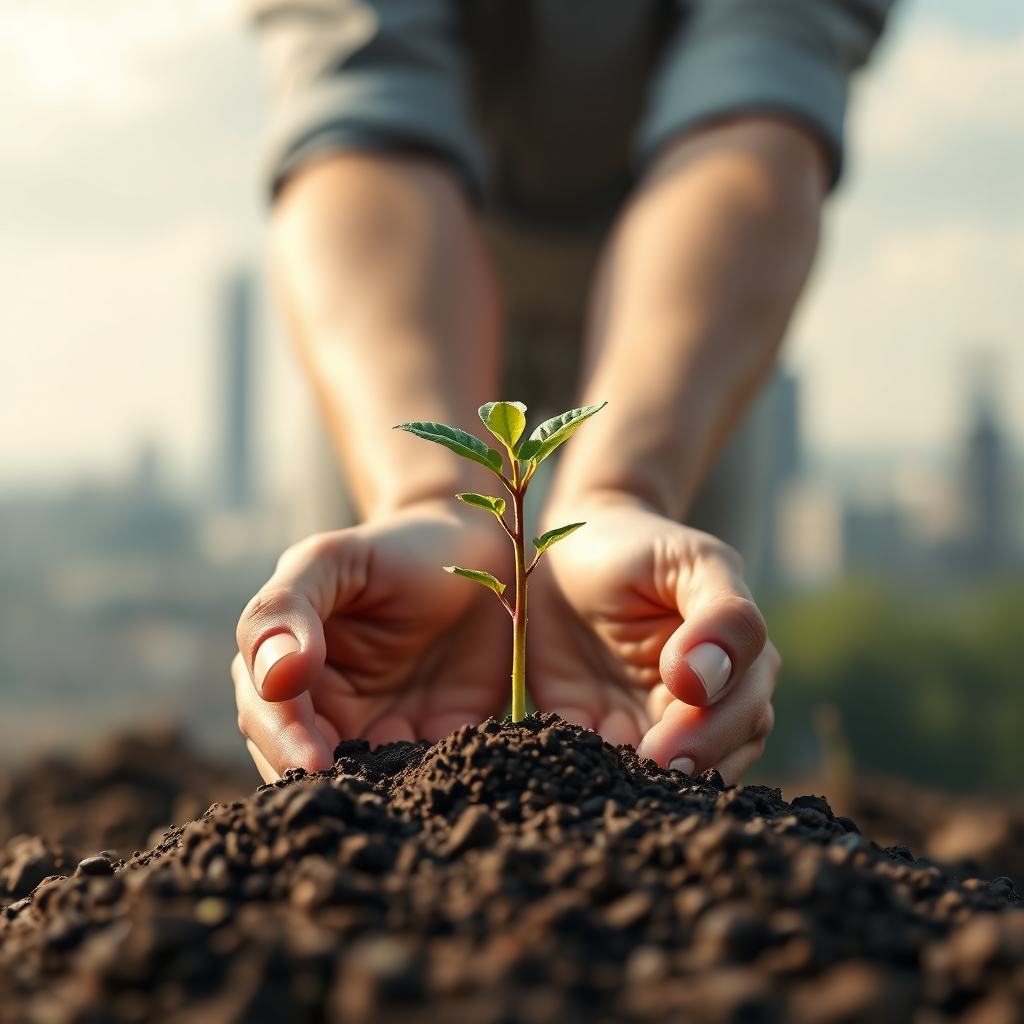 A photorealistic image depicting a seedling sprouting from fertile ground, symbolizing the birth of a new business. Hands gently cradle the seedling, representing the nurturing support of MyConnectz's services. The background is a blurred cityscape, hinting at future growth and opportunities. Soft, natural lighting. 4K resolution.