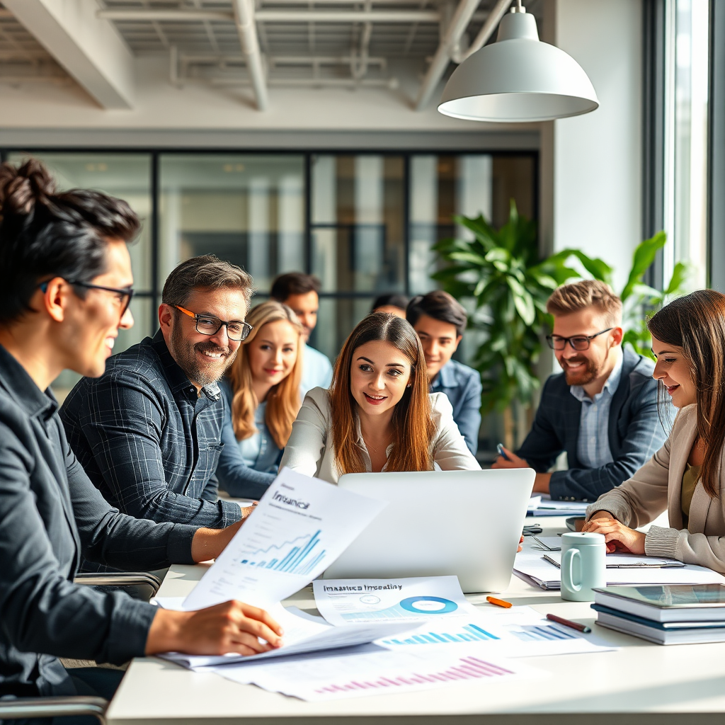 A photorealistic image showcasing a diverse group of professionals working collaboratively in a modern, well-lit office space. The atmosphere should be positive and energetic. Subtle elements like financial charts and insurance brochures can be incorporated to reinforce the theme.