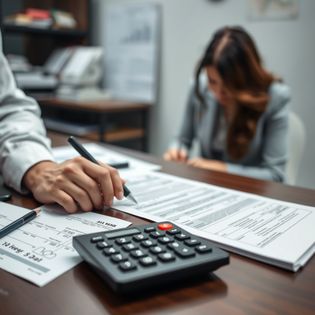 A professional working on a tax return with various documents and a calculator on their desk. Focused and efficient environment. 4K resolution.