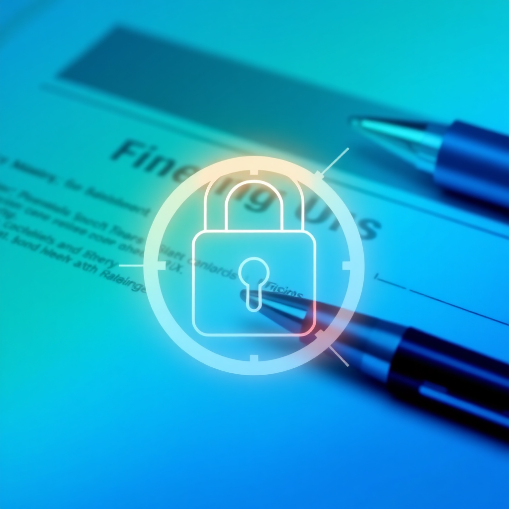 A secure digital lock icon overlaid on a financial document, symbolizing protection and security. The color palette should be reassuring and professional, with blues and greens predominating. Conveying Safety.